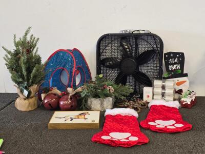 Assorted Holiday Decor, Lasko Box Fan, Framed Watercolor Horse Art, Pet Stockings, Packing Tape, Bells