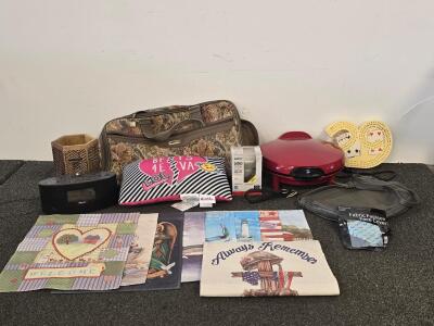 Mixed Household Lot &ndash; Small quesadilla Appliance Grill, iHome Radio, Samsonite-Style Bag, Decor