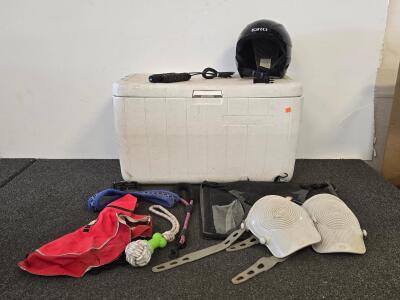 Coleman Cooler, Giro Helmet, Ruffwear Dog Coat, Kellar Vest, Knee Pads & Gear Lot