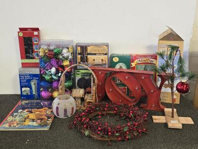 Holiday/Christmas Decoration Lot - Mixed Items (Trees, Wreath, Lights, Ornaments, Decor)