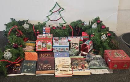 Christmas Holiday Decor & Book Lot: 9ft Garland, Lights, Tins, Call Me Mrs. Miracle, Nativity