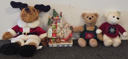 Jim Shore Grinch Sleigh Figurine with Max, Holiday Santa Reindeer, and Teddy Bear Plush Set