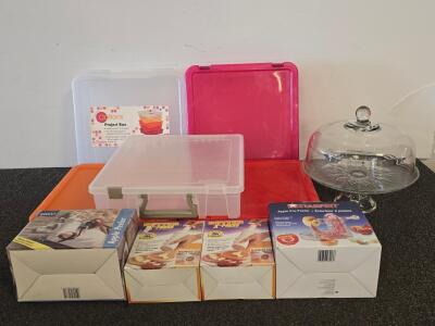 Mixed Kitchen Lot: Apple Peelers, Butter Spreaders, Project Boxes, Glass Cake Stand Dome 12"
