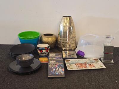 Household Lot &ndash; Kitchenware, Black Plate & Bowl Set, Decorative Vases, DVDs, Tray, Cake Cover