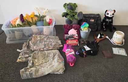 Mixed Lot: Plush Toys, Camouflage Apparel, Nike Socks, Grabber Hand Warmers, Accessories