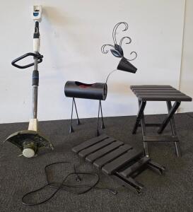 Corded Electric Grass Trimmer (could not properly test for Functioning), Gianta Folding Tables, Metal Deer Garden Sculpture Lot