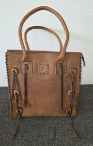 STS Ranchwear Leather Tote Bag, Brown, Whipstitch, Zipper Top, Dual Handles