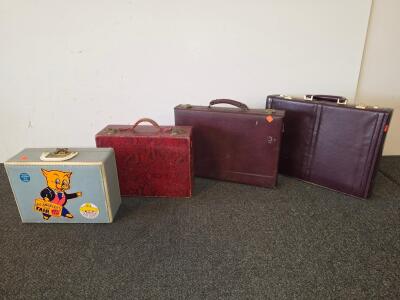 Vintage Hard-Sided Briefcases & Suitcases Lot: Burgundy, Blue Cartoon, Red Snakeskin, 1950s&ndash;1970s