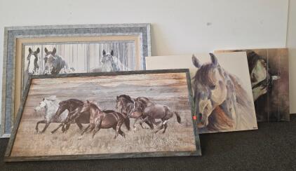 Large Horse Wall Art Set &ndash; 4 Pieces, Framed & Canvas, Neutral Colors, Mixed Media, One Signed &ldquo;Mary&rdquo;