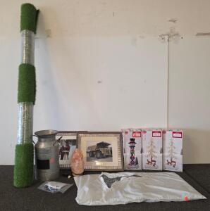 Artificial Turf Roll, 8ft Long, Green, General Landscape, New Condition, Wrapped, two picture frames, metal milk jug decor, Himalayan lamp functioning, some sort of foam, three Christmas figurines cannot test functioning due to batteries,