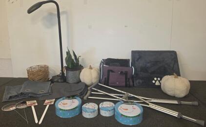 Miscellaneous Household Lot: Crutches, Floor Lamp (cannot test functioning due to not having lightbulb in the socket) Pet Accessories, Decor Items