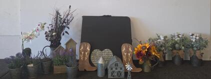 Black Folding Portable Banquet Table, assorted outdoor decorations great for a front porch or backyard patio