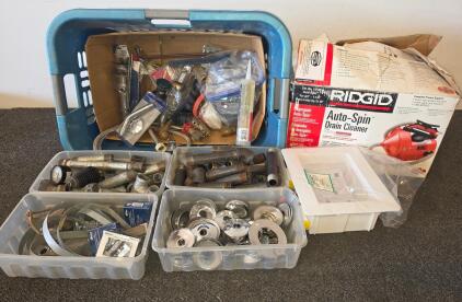 This is a great lot for any home improvement project or business owner RIDGID Auto-Spin Drain Cleaner w/Box, (doesn't work) will not turn on, Eastman Outlet Box, Large Lot of Plumbing Fittings & Parts