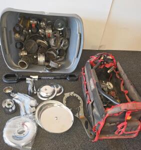 Large Lot Mixed Plumbing Test Plugs, Pipe Caps, Hose Clamps, Tools & Chrome Flanges-50~pcs