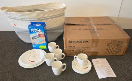 Storage Box, Woven Basket, Dishware Set, 5 Mugs, Ziploc Space Bag (Lot)