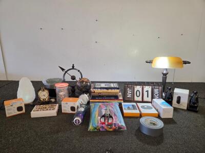 Home Decor Lot: Vinatge Lamp(Tested), Rock Lamp (Tested), Tin Flip Calendar, Desk Decor, Literature, Security Cameras, and More
