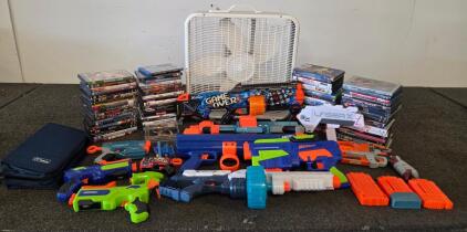 Large Mixed Lot of 80+ DVDs Blu-rays, Nerf & XShot Blasters, Aerospeed 20" Box Fan Bundle (Tested)