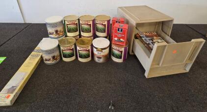 Lot: Structo-File Drawer, 1" Mini Blind 27x64, 10+ Food Storage Cans, 3 Ice Cream Salt Boxes