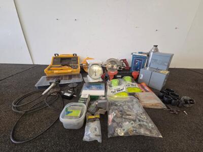 Rockwell Sentry 7-1/4 in Circular Saw 1HP, Skilsaw Classic 7-1/4 in Electric Saws Corded Pair (Tested Both), Hardware, Weight Scale, Level, Electrical Boxes, & More