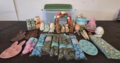 Large Easter D&eacute;cor Lot: Bunny Platters, Plush & Wood Rabbits, Eggs, Buckets, Ceramic Light Up Trees (Tested), & Ceramic Light Up Eggs (Tested)