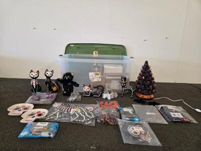 Day of the Dead & Halloween Decor Lot, Skeleton Cat Figurines, Light-Up Tree, Plates, Ornaments