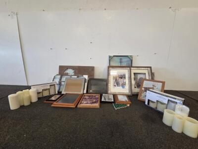 Mixed Home Decor Lot: Mainstays Frames, Wall Art, Digital Photo Frame (Tested), LED Flameless Candles