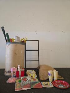 Mixed Lot: Barrel, Ladder, Party Supplies &ndash; Plates, Tablecloths, Cups, Decor, SpongeBob