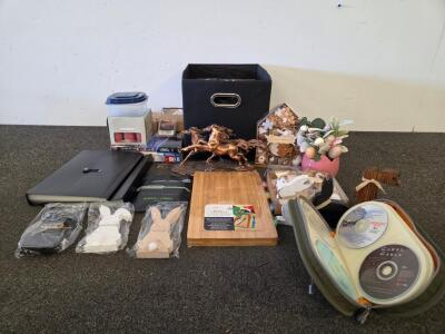 Mixed Lot: Mainstays Bamboo Cutting Board, Wax Cubes, D&eacute;cor, Storage Bin, Horse Statue, Audio Cable Lot