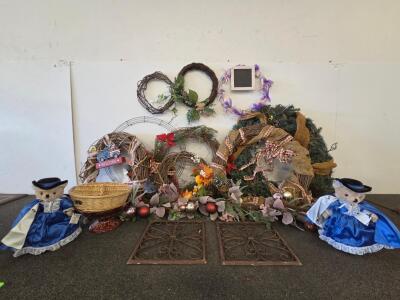 Large Home Decor Lot: Wreaths, Metal Wall Panels, Wicker Basket, Ceramic Bowl, Plush Dolls