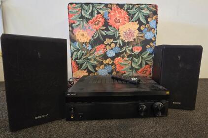 Sony Stereo Receiver with Two Speakers and Remote Control (Tested) & Floral Cushion