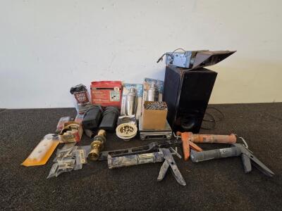 Mixed Lot: Caulk Guns, Vintage Philco Car Radio(Unable to test), LG Subwoofer(Unable to test), Hardware, Tools & More (5000s FN(K))