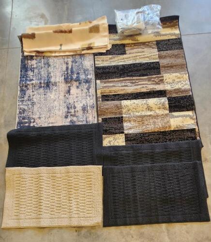 Mixed Lot: 3 Dark Mats, 1 Beige Mat, Abstract & Block Pattern Area Rugs, Curtains & Drapes Set