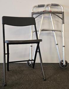 Folding Walker with Wheels, Lightweight Aluminum, Adjustable Height + Black Folding Chair, Steel Frame