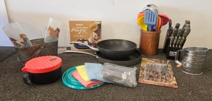 Large Mixed Kitchenware Lot: Knife Block, Nonstick Pans, Utensils, Pet Tray, Drinkware, More