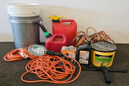 Mixed Workshop Supplies: Extension Cords, Utility Lamp (tested, works), Fuel Cans, Buckets, Squeegee, Lubricants, Cement