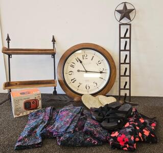 Large Sterling & Noble Wall Clock, Soleil 250W Heater, Western Decor Lot, Skechers Sandals, Pajama Pants (FN 5000)