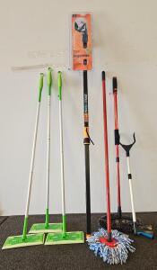 Lot of Cleaning & Garden Tools: 3 Swiffer Mops, Spin Mop, Fiskars Pruning Stik, Grabber, Dust Mop