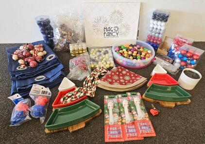 Large Christmas Decoration Lot: Ornaments, Garland, Trays, PEZ, Curtains, MAG FANCY Board, 200+ Pcs