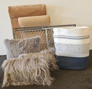 Assorted Home Furnishings: Folding Pet Gate, Seat Cushions, Shag Pillows, Woven Storage Basket
