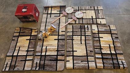 Holiday Decor Lot: 5 Area Rug Set, Precious Moments Snowman Jar, Yard Stakes, Plush Deer