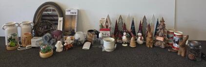Great lot of Assorted Home Decor&mdash;Seasonal Figurines, Budweiser Steins, Mirror, Vases, Wall Art