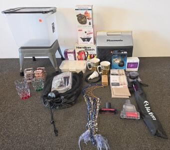 Mixed Household & Kitchen Lot: Hamilton Beach Kettle, Nostalgia Waffle Maker, Playmate Cooler, Bissell attachments (5000s Shelf L)