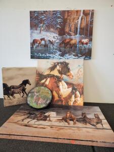 Horse Wall Art Lot &ndash; Signed Painting, Canvas & Wood Prints, 3-Piece Panel, Nature Themes