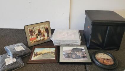Mainstays Blackout Curtains, Folding Faux Leather Ottoman, 10x8 Frames, Deer Wall Clock Lot (5000-L)