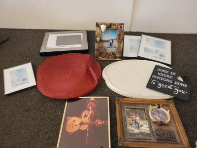 Assorted Decor Lot: 10pc Mainstays 4x6 Frames, Rustic Frames, Placemats, Cat Tray, Wall Sign