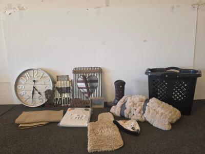 Farmhouse Rustic Home Decor Lot &ndash; Wall Clock, Faux Fur Rugs, Laundry Basket, Metal Signs (5000s Shelf and the end of the aisle)