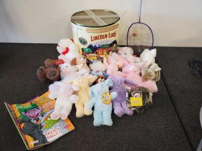 Large Lot: Lincoln Logs Tin, 18 Plush Animals, Coloring Books, Toy Racket&mdash;Mostly Tagged