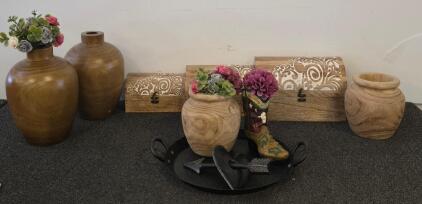 Rustic Decorative Wooden Vases and Carved Storage Boxes with Accessories