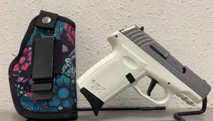 SCCY CPX-2 9mm Pistol, White Frame, Stainless Slide, Roebuck Quad-Lock, Floral Holster