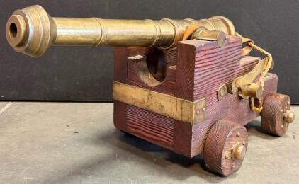 Brass Naval Cannon Replica On Wooden Carriage With Brass Hardware, Approx. 26&rdquo; Length